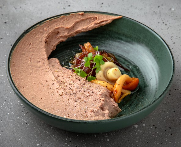 Chicken liver pate with marinated mushrooms and onion confit