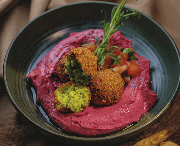 Red hummus with falafel