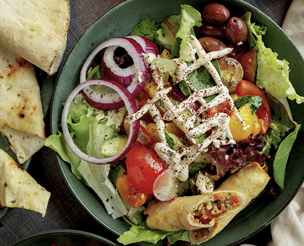 Fattoush salad with baked pepper spring-rolls