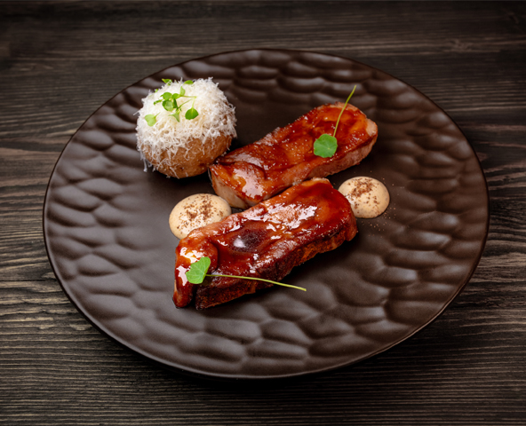 Pork belly with miso caramel and Borodinsky mayo