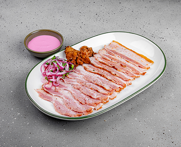 Pork belly with marinated mushrooms