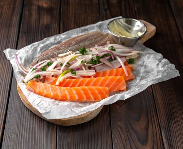 Homemade salted salmon and sardines platter